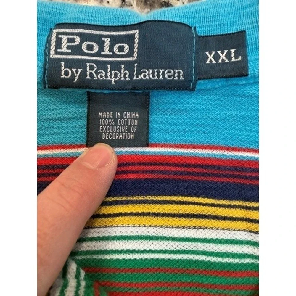 Polo Ralph Lauren Mens XXL Turquoise Blue Multi Color Striped Vintage Polo Shirt